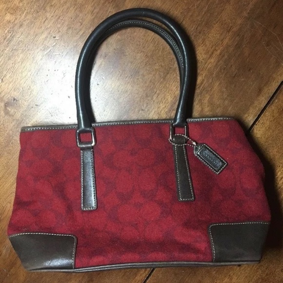 Rare Coach red wool w/ brown leather trim purse - Picture 7 of 8